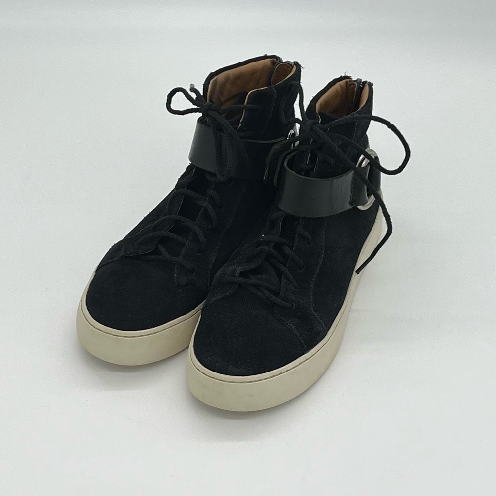 Frye Lena Harness High Top Sneakers Size 5.5 Black Suede Lace Up With Buckle